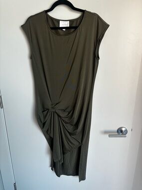 Olive Twist-Front Asymmetrical Midi Dress